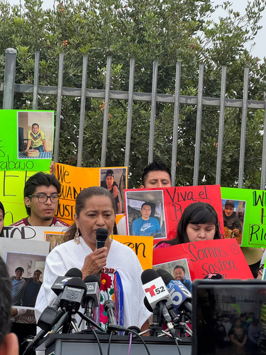 Perla Rios, an Indigenous community leader, at a press conference Monday, June 9, 2025, urged the release of more than a dozen garment workers who were detained by ICE on Friday, at a warehouse in Los Angeles. (AP Photo/Dorany Pineda)