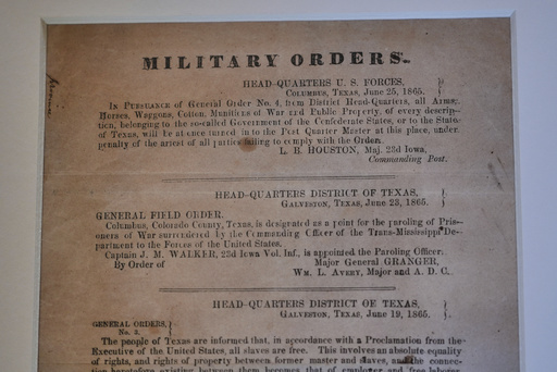 A view of a section of the 1865 Juneteenth General Order No. 3 that is displayed by the Dallas Historical Society at the Fair Park Hall of State in Dallas, Friday, June 6, 2025. (AP Photo/LM Otero)