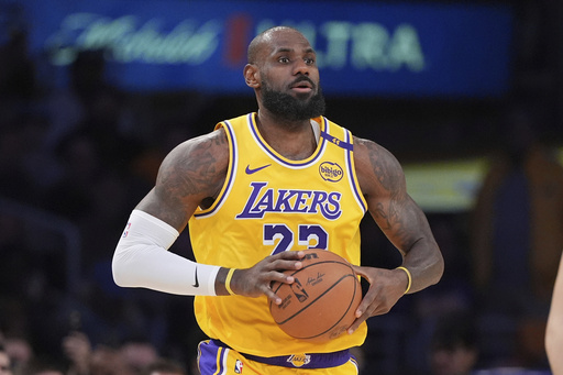 FILE - Los Angeles Lakers forward LeBron James appears during the first half of an NBA basketball game against the Utah Jazz, on Feb. 10, 2025, in Los Angeles. (AP Photo/Mark J. Terrill, File)