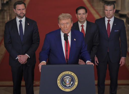 President Donald Trump speaks from the East Room of the White House in Washington, Saturday, June 21, 2025, after the U.S. military struck three Iranian nuclear and military sites, directly joining Israel's effort to decapitate the country's nuclear program, as Vice President JD Vance, Secretary of State Marco Rubio and Defense Secretary Pete Hegseth listen. (Carlos Barria/Pool via AP)