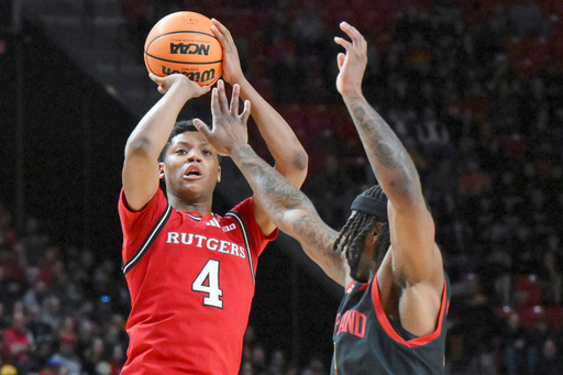 FILE - Rutgers guard Ace Bailey (4) shoots the ball against Maryland guard Selton Miguel during the first half of an NCAA college basketball game, Sunday, Feb. 9, 2025, in College Park, Md. (AP Photo/Terrance Williams, File)