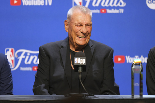 Chuck Daly Lifetime Achievement Award recipient Don Nelson speaks during a press conference before Game 2 of the NBA Finals basketball series against the Oklahoma City Thunder Sunday, June 8, 2025, in Oklahoma City. (AP Photo/Kyle Phillips)