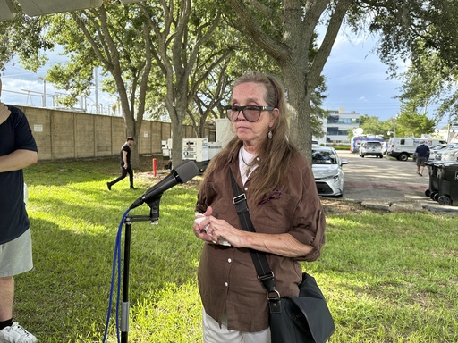 Christine Leinonen, whose son, Christopher "Drew" Leinonen was killed in the Pulse nightclub massacre in 2016, talks to reporters after walking through the venue as part of a group of survivors and family members of those killed, on Wednesday June 11, 2025 in Orlando, Florida. (AP Photo/Mike Schneider)