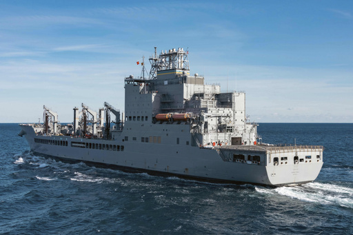 In this image provided by the U.S. Navy, the John Lewis-class replenishment oiler USNS Harvey Milk (T-AO-206) conducts a replenishment at sea in the Atlantic Ocean, Dec. 13, 2024. (Mass Communication Specialist 2nd Class Maxwell Orlosky/U.S. Navy via AP))
