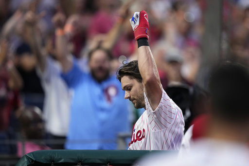 FILE 0 Philadelphia Phillies' Trea Turner acknowledges the crowd after hitting a three-run home run during the sixth inning of a baseball game against the Kansas City Royals, Saturday, Aug. 5, 2023, in Philadelphia. (AP Photo/Matt Slocum, File)