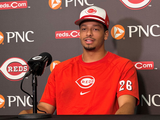 Cincinnati Reds pitcher Chase Burns speaks to the media at Great American Ball Park before a game against the New York Yankees, Monday, June 23, 2025, in Cincinnati, Ohio. (AP Photo/Joe Reedy)