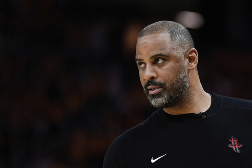 FILE - Houston Rockets head coach Ime Udoka watches during the second half of Game 6 of an NBA basketball first-round playoff series against the Golden State Warriors in San Francisco on May 2, 2025. (AP Photo/Godofredo A. Vásquez, File)