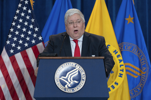 FILE - West Virginia Gov. Patrick Morrisey speaks during a news conference at the Hubert Humphrey Building Auditorium in Washington, April 22, 2025. (AP Photo/Jose Luis Magana, File)