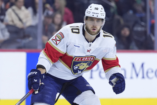 FILE - Florida Panthers' A.J. Greer plays during an NHL hockey game, Jan. 13, 2025, in Philadelphia. (AP Photo/Matt Slocum, file)