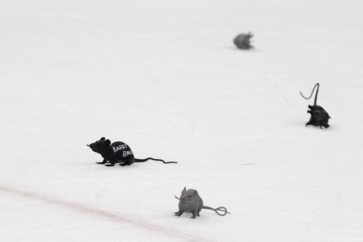 FILE - Plastic toy rats litter the ice after the Florida Panthers scored during the third period of Game 1 of the NHL hockey Stanley Cup Finals against the Edmonton Oilers, Saturday, June 8, 2024, in Sunrise, Fla. (AP Photo/Wilfredo Lee, File)