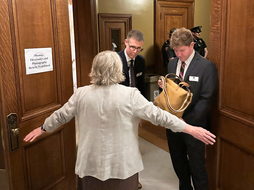 Staff search visitors entering the Wisconsin Senate gallery in the state Capitol just days after the killing of a Minnesota lawmaker and her husband on Wednesday, June 18, 2025, in Madison, Wis. (AP Photo/Todd Richmond)