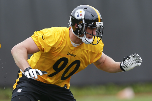 FILE - Pittsburgh Steelers first round draft pick linebacker T.J. Watt participates in a drill during an NFL football rookie minicamp, May 12, 2017, in Pittsburgh. (AP Photo/Keith Srakocic, file)