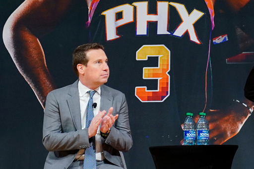 FILE - Phoenix Suns owner Mat Ishbia looks on during an NBA basketball news conference, Thursday, Feb. 16, 2023, in Phoenix. (AP Photo/Matt York, File)