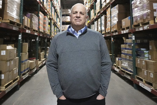 FILE - Rick Woldenberg, CEO of Learning Resources, an educational toy company whose products are manufactured in China, stands at a warehouse in Vernon Hills, Ill., April 11, 2025. (AP Photo/Nam Y. Huh, File)