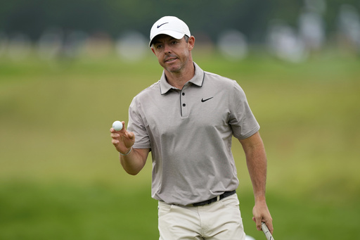 Rory McIlroy, of Northern Ireland, after sinking a putt on the eighth hole during the third round of the U.S. Open golf tournament at Oakmont Country Club Saturday, June 14, 2025, in Oakmont, Pa. (AP Photo/Carolyn Kaster)