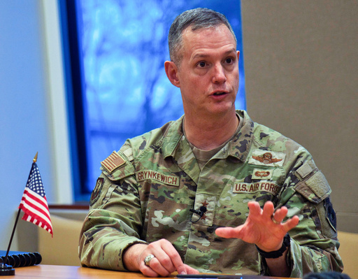 FILE - The then Lt. Gen. Alexus Grynkewich, the head of U.S. Air Force Central, speaks at a news conference at the U.S. Embassy in Abu Dhabi, United Arab Emirates, Sept. 20, 2023. (AP Photo/Jon Gambrell, File)