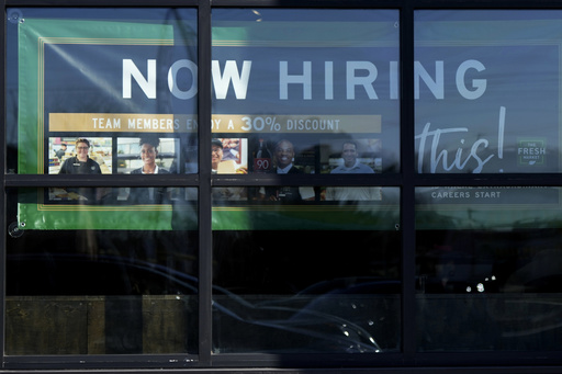 FILE - A hiring sign is displayed at a grocery store in Northbrook, Ill., Tuesday, Jan. 21, 2025. (AP Photo/Nam Y. Huh)