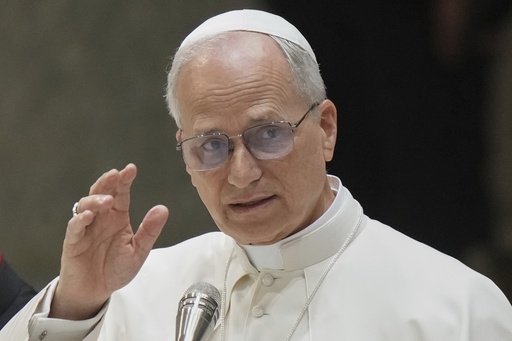 Pope Leo XIV meets the members of the Rome's local church in the Paul VI hall at the Vatican, Thursday, June 12, 2025. (AP Photo/Andrew Medichini)