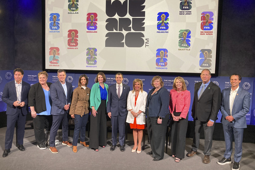 From left, Atlanta president Dan Corso, North Texas organizing committee president Monica Paul, Houston president Chris Canetti, San Francisco Bay Area CEO Zaileen Janmohamed, Philadelphia executive Meg Kane, (New York/New Jersey CEO Alex Lasry, Miami CEO Alina Hudak, Seattle chief strategy officer April Putney, Kansas City CEO Pam Kramer, Boston CEO Mike Loynd, and Los Angeles vice president Jason Krutzsch meet at the Paley Center in New York a year ahead of the 2026 World Cup, on Monday, June 9, 2025. (AP Photo/Ronald Blum)