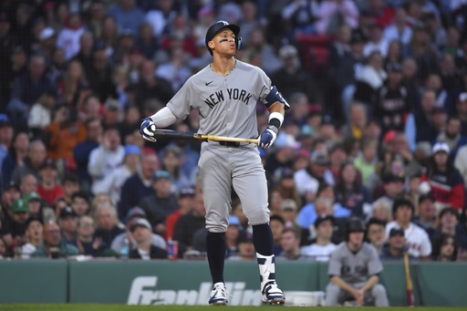 New York Yankees outfielder Aaron Judge reacts after he struck out swinging in the third inning of a baseball game against the Boston Red Sox, Saturday, June 14, 2025, in Boston. (AP Photo/Steven Senne)