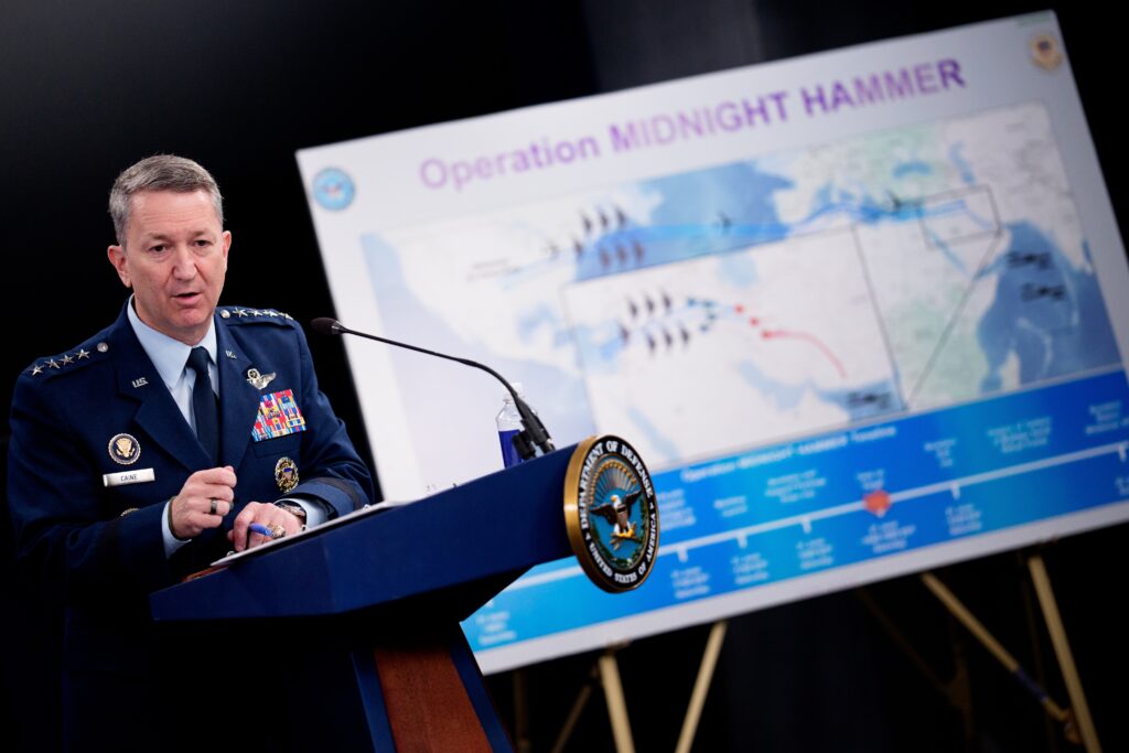 Chairman of the Joint Chiefs of Staff Air Force Gen. Dan Caine discusses the mission details of a strike on Iran during a news conference at the Pentagon on June 22, 2025 in Arlington, Virginia. (Photo by Andrew Harnik/Getty Images)