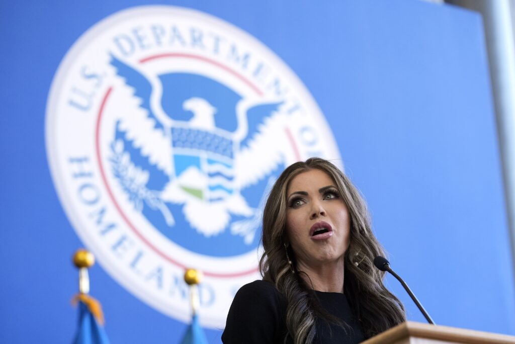U.S. Homeland Security Secretary Kristi Noem delivers remarks to staff at the Department of Homeland Security headquarters on Jan. 28, 2025 in Washington, D.C. (Photo by Manuel Balce Ceneta-Pool/Getty Images)