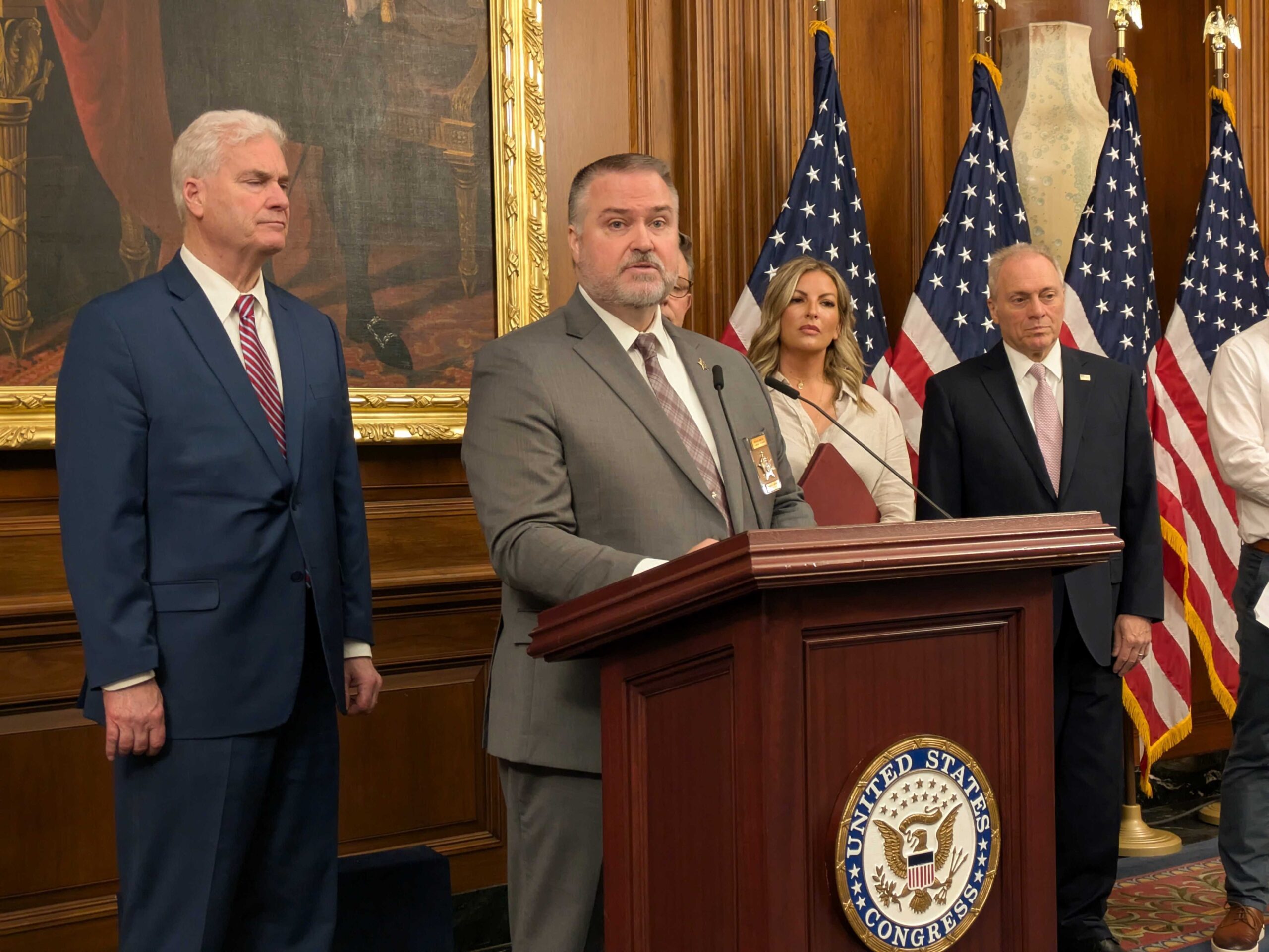Retired Sheriff James Stuart, now executive director of the Minnesota Sheriff's Association, spoke alongside House Republicans at the U.S. Capitol on Tuesday, June 24, 2025, about a temporary elimination of tax on overtime in the Republican budget reconciliation bill. (Photo by Ashley Murray/States Newsroom)