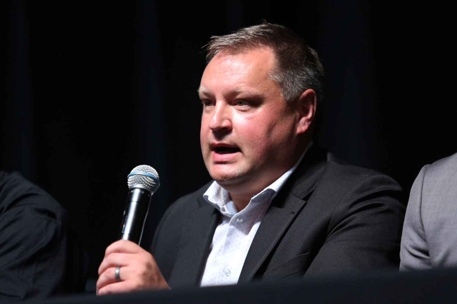 Minnehaha County State's Attorney Daniel Haggar speaks at a forum on July 22, 2025, in downtown Sioux Falls about the proposed construction of a men's prison in the northeastern part of the city. (Makenzie Huber/South Dakota Searchlight)