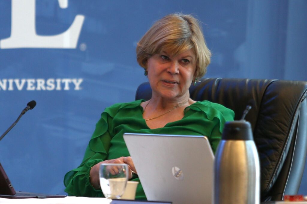 South Dakota Board of Regents member Pam Roberts participates in a December 2023 board meeting in Brookings. (Makenzie Huber/South Dakota Searchlight)