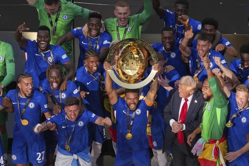 Chelsea pleayers celebrate with the championship trophy after the Club World Cup final soccer match between Chelsea and PSG in East Rutherford, N.J., Sunday, July 13, 2025. (AP Photo/Matt Slocum)