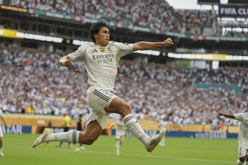 Real Madrid's Gonzalo Garcia celebrates after scoring during the Club World Cup round of 16 soccer match between Real Madrid and Juventus in Miami Gardens, Fla., Tuesday, July 1, 2025. (AP Photo/Rebecca Blackwell)