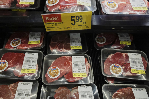 A price for beef is displayed on the edge of a shelf at a grocery store in Mount Prospect, Ill., Thursday, July 17, 2025. (AP Photo/Nam Y. Huh)