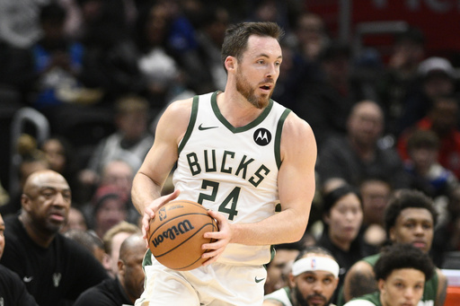 FILE - Milwaukee Bucks guard Pat Connaughton controls the ball during the first half of an NBA basketball game against the Washington Wizards, Feb. 21, 2025, in Washington. (AP Photo/Nick Wass, file)