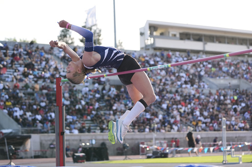 FILE - AB Hernandez, a transgender student at Jurupa Valley High School, competes in the high jump at the California high school track-and-field championships in Clovis, Calif., May 31, 2025. (AP Photo/Jae C. Hong, File)
