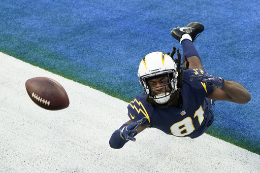 FILE - Los Angeles Chargers wide receiver Mike Williams cannot make a catch in the end zone during the second half of an NFL football game against the Las Vegas Raiders, Nov. 8, 2020, in Inglewood, Calif. (AP Photo/Ashley Landis, file)