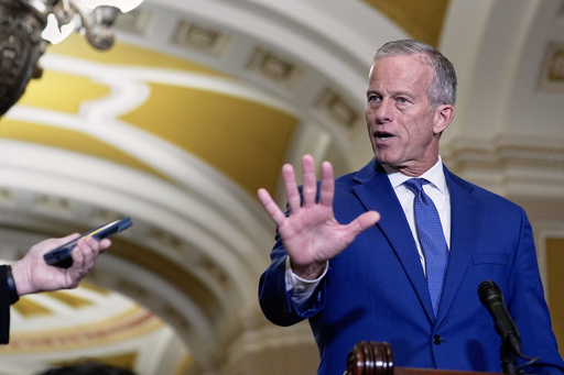 FILE - Sen. Majority Leader John Thune, R-S.D., talks after a policy luncheon on Wednesday, July 9, 2025, at the Capitol in Washington. (AP Photo/Mariam Zuhaib, File)