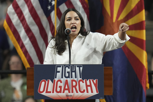 FILE - Rep. Alexandria Ocasio-Cortez, D-N.Y., speaks during an event, March 20, 2025, in Tempe, Ariz. (AP Photo/Ross D. Franklin, File)