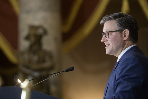 Speaker of the House Mike Johnson, R-La., speaks during a Congressional Gold Medal ceremony for three-time Tour de France winner Greg LeMond at the Capitol, Wednesday, July 9, 2025, in Washington. (AP Photo/Rod Lamkey, Jr.)