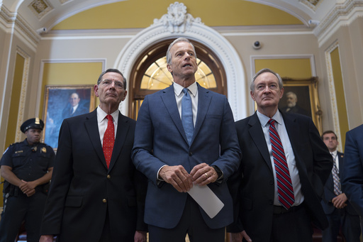 Senate Majority Leader John Thune, R-S.D., is flanked by Sen. John Barrasso, R-Wyo., the GOP whip, left, and Finance Committee Chairman Mike Crapo, R-Idaho, speaks to reporters after passage of the budget reconciliation package of President Donald Trump's signature bill of big tax breaks and spending cuts, at the Capitol in Washington, Tuesday, July 1, 2025. (AP Photo/J. Scott Applewhite)