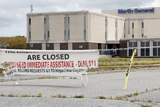 FILE - The vacant Martin County General Hospital sits abandoned behind a chain since being closed in August of 2023 in Williamston, N.C., shown, April 10, 2024. (AP Photo/Karl B DeBlaker, File)