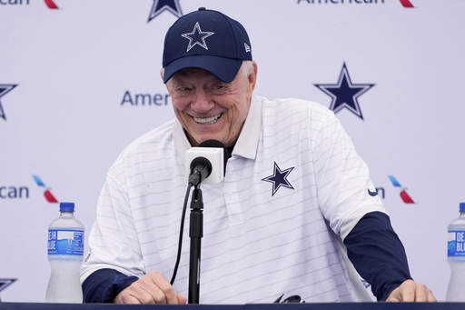 Jerry Jones, Dallas Cowboys owner, president, and general manager speaks to reporters during a news conference to open training camp Monday, July 21, 2025, in Oxnard, Calif. (AP Photo/Mark J. Terrill)