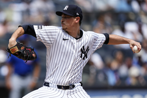 New York Yankees pitcher Max Fried (54) throws during the first inning of a baseball game against the Chicago Cubs, Saturday, July 12, 2025, in New York. (AP Photo/Yuki Iwamura)