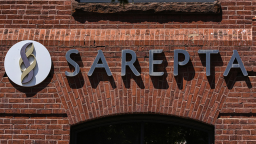 The name and logo of Sarepta Therapeutics is displayed on the company's headquarters, Monday, July 28, 2025, in Cambridge, Mass. (AP Photo/Charles Krupa)