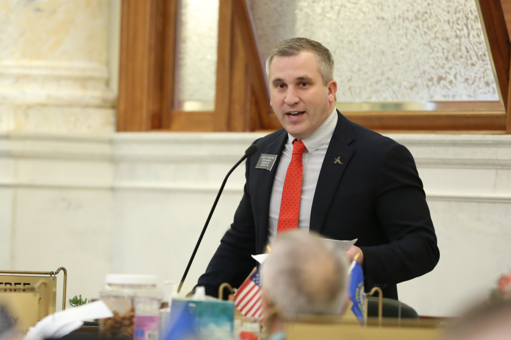 Sen. Casey Crabtree, R-Madison, speaks on the South Dakota Senate floor on March 3, 2025. (Makenzie Huber/South Dakota Searchlight)