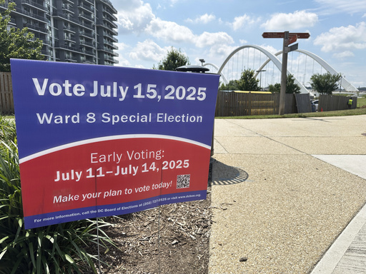 A District of Columbia Board of Elections sign advertising a special election in the city's 8th Ward is pictured near the Frederick Douglass Memorial Bridge in southeast Washington, Wednesday, July 9, 2025. (AP Photo/Robert Yoon)