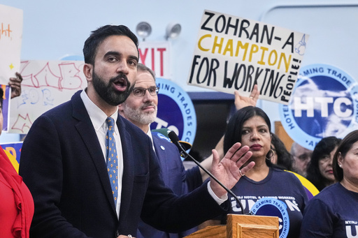 Democrat mayoral candidate Zohran Mamdani speaks during a rally at the Hotel & GamingTrades Council headquarters in New York, Wednesday, July 2, 2025. (AP Photo/Richard Drew)