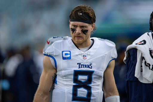 FILE - Tennessee Titans quarterback Will Levis (8) lines up on the sideline before facing the Jacksonville Jaguars, in an NFL football game in Jacksonville, Fla., Sunday, Dec. 29, 2024. (AP Photo/Gary McCullough, file)
