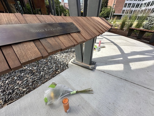 A flower and a candle were left below the name plaque for Xana Kernodle, one of the four University of Idaho students killed in November 2022 at their off campus house in Moscow, Idaho, on Tuesday, July 1, 2025. (AP Photo/Manuel Valdes)
