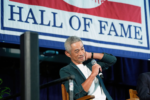 Baseball Hall of Fame inductee Ichiro Suzuki speaks to reporters during a news conference in Cooperstown, N.Y., Saturday, July 26, 2025. (AP Photo/Seth Wenig)