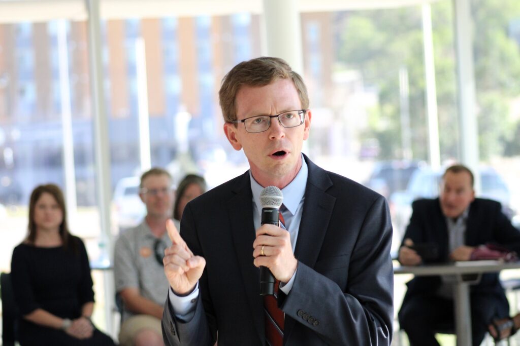 U.S. Rep. Dusty Johnson, R-South Dakota, announces his 2026 campaign for governor during an event on June 30, 2025, at the David Lust Accelerator Building in Rapid City. (Seth Tupper/South Dakota Searchlight)